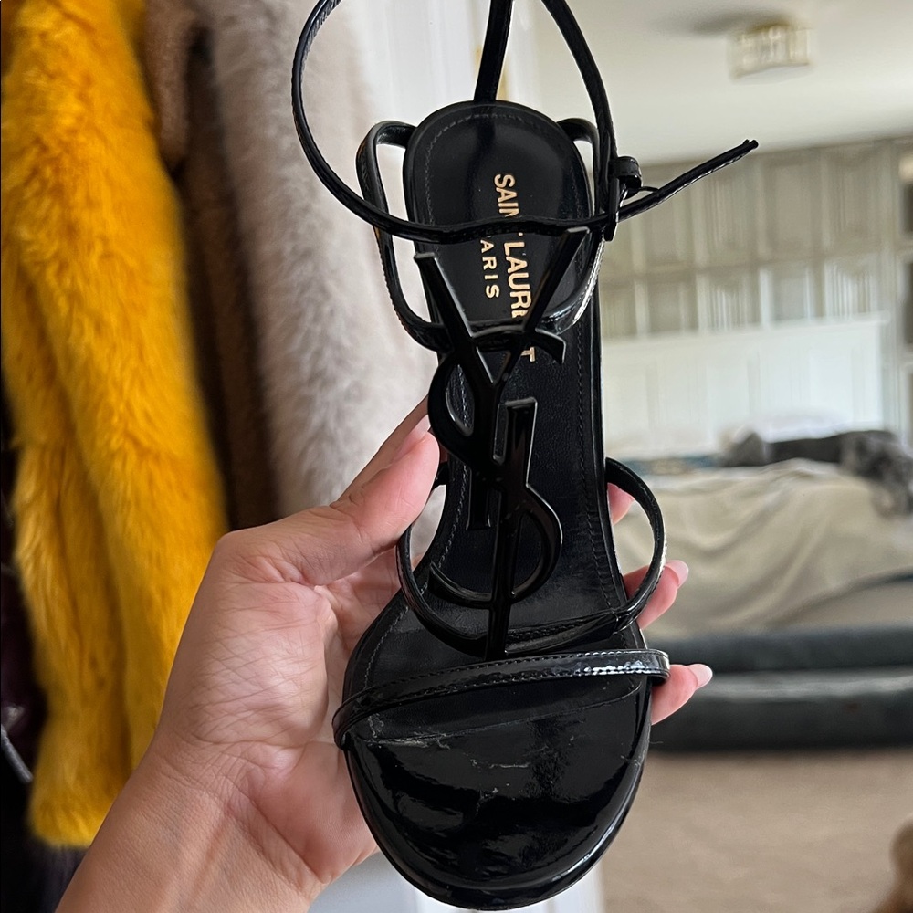 Saint Laurent Glossy Black Strappy Heels